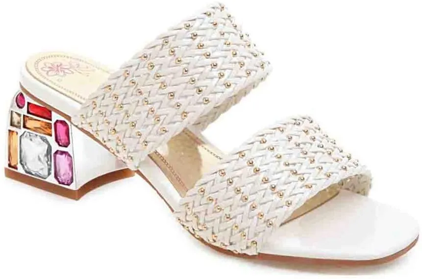 MIOKE Women's Fashion Low Block Heel Slide Sandals Open Toe Woven Comfort Chunky Heeled Mule Dress Sandal