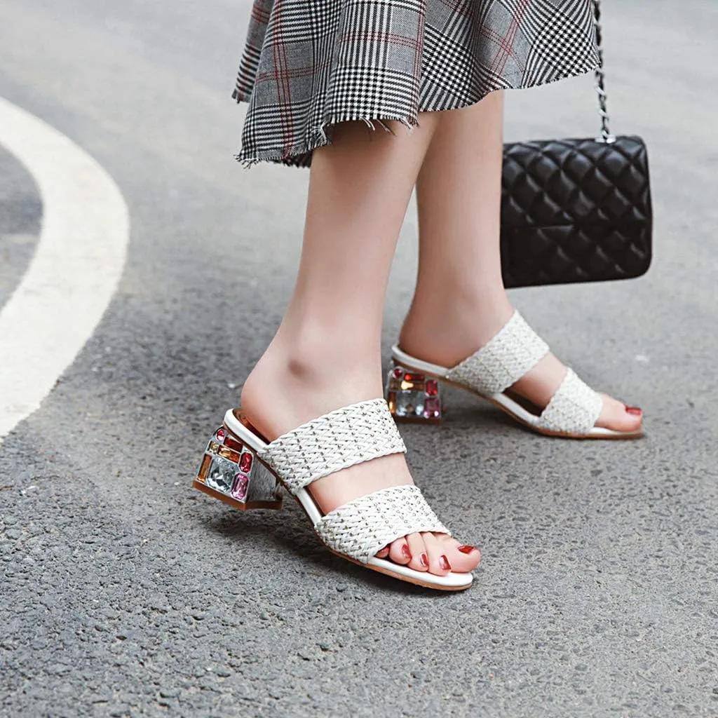 MIOKE Women's Fashion Low Block Heel Slide Sandals Open Toe Woven Comfort Chunky Heeled Mule Dress Sandal