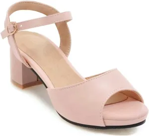 MIOKE Women's Fashion T-strap Buckle Heeled Sandals Open Toe Ankle Strap Summer Block Heel Dress Sandal