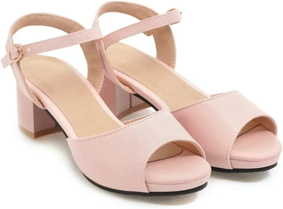 MIOKE Women's Fashion T-strap Buckle Heeled Sandals Open Toe Ankle Strap Summer Block Heel Dress Sandal