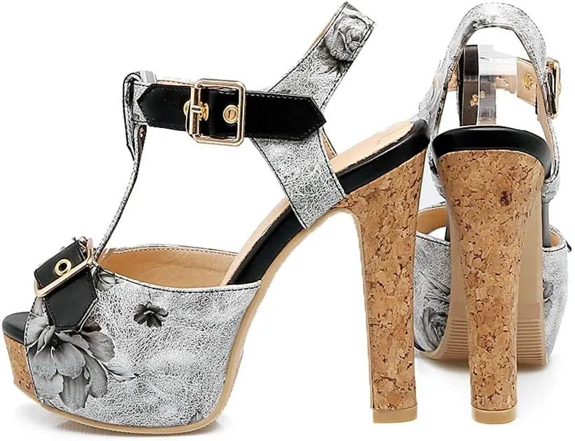 MIOKE Women's Floral Platform Chunky Block Heel Sandals Peep Toe T-Strap Buckle Cork High Heeled Sandal