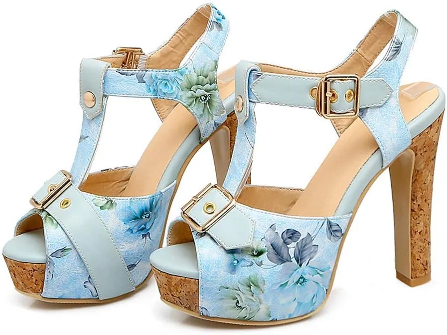 MIOKE Women's Floral Platform Chunky Block Heel Sandals Peep Toe T-Strap Buckle Cork High Heeled Sandal