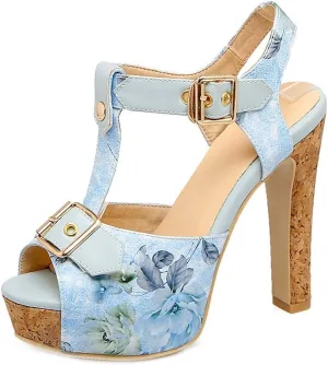 MIOKE Women's Floral Platform Chunky Block Heel Sandals Peep Toe T-Strap Buckle Cork High Heeled Sandal
