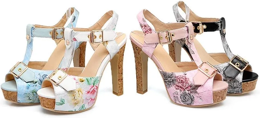 MIOKE Women's Floral Platform Chunky Block Heel Sandals Peep Toe T-Strap Buckle Cork High Heeled Sandal