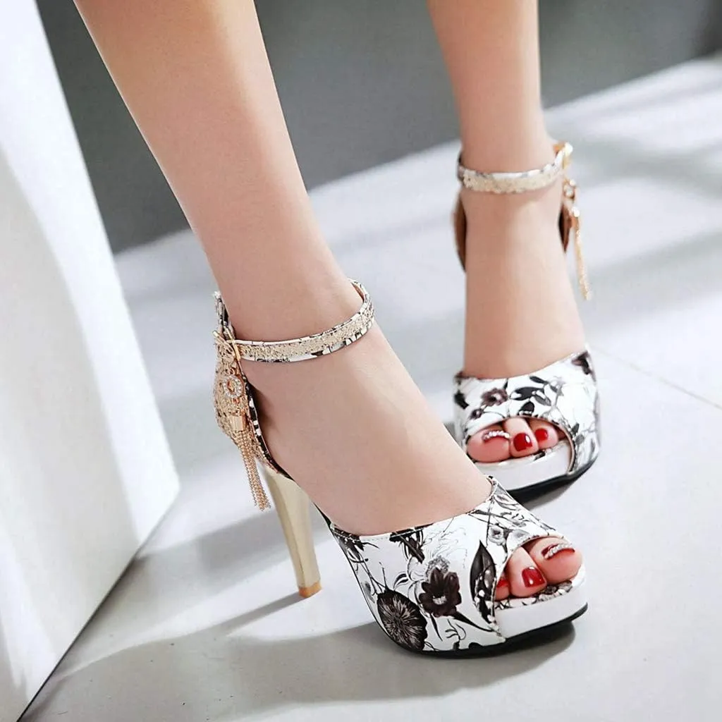 MIOKE Women's Floral Platform High Heel Sandals Open Toe Buckle T-Strap Pump Chunky Dress Heeled Sandal