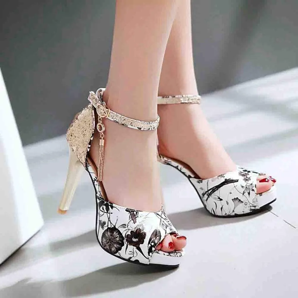 MIOKE Women's Floral Platform High Heel Sandals Open Toe Buckle T-Strap Pump Chunky Dress Heeled Sandal