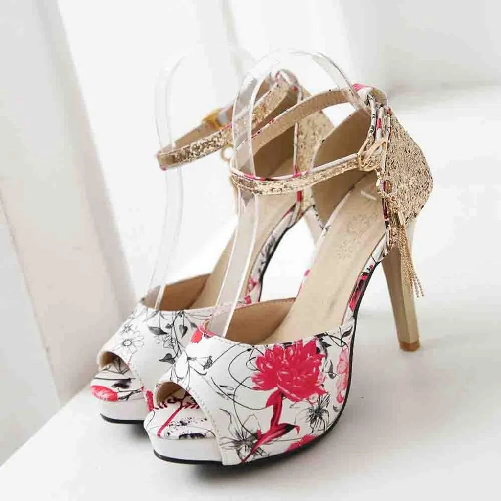 MIOKE Women's Floral Platform High Heel Sandals Open Toe Buckle T-Strap Pump Chunky Dress Heeled Sandal