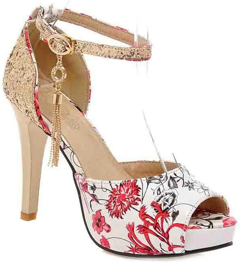 MIOKE Women's Floral Platform High Heel Sandals Open Toe Buckle T-Strap Pump Chunky Dress Heeled Sandal