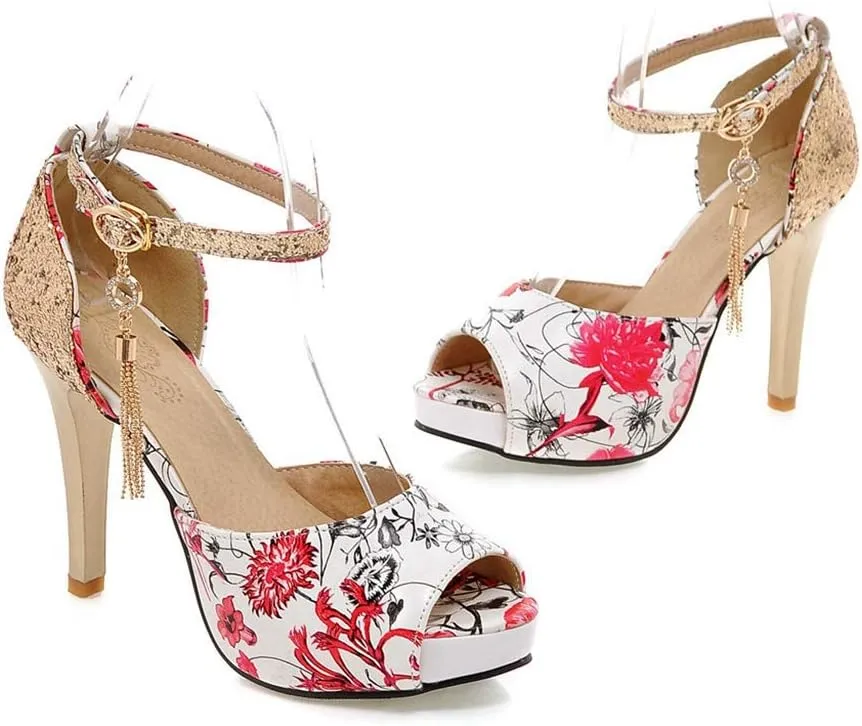 MIOKE Women's Floral Platform High Heel Sandals Open Toe Buckle T-Strap Pump Chunky Dress Heeled Sandal