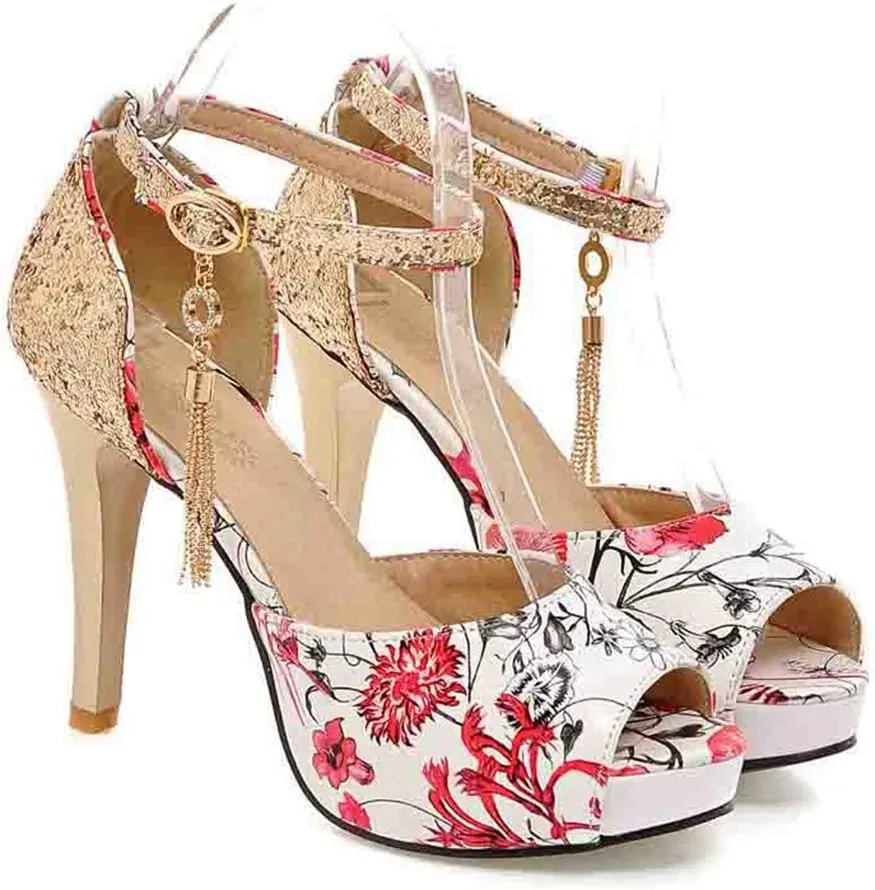 MIOKE Women's Floral Platform High Heel Sandals Open Toe Buckle T-Strap Pump Chunky Dress Heeled Sandal
