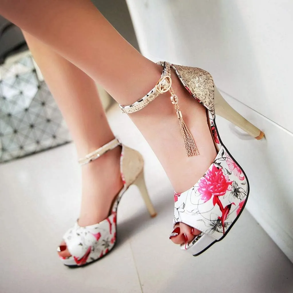 MIOKE Women's Floral Platform High Heel Sandals Open Toe Buckle T-Strap Pump Chunky Dress Heeled Sandal