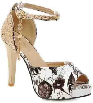 MIOKE Women's Floral Platform High Heel Sandals Open Toe Buckle T-Strap Pump Chunky Dress Heeled Sandal