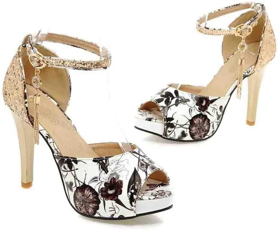 MIOKE Women's Floral Platform High Heel Sandals Open Toe Buckle T-Strap Pump Chunky Dress Heeled Sandal