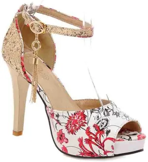 MIOKE Women's Floral Platform High Heel Sandals Open Toe Buckle T-Strap Pump Chunky Dress Heeled Sandal