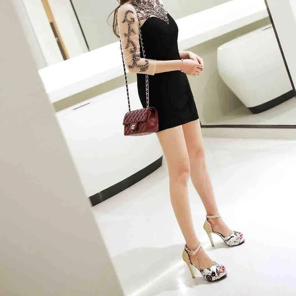 MIOKE Women's Floral Platform High Heel Sandals Open Toe Buckle T-Strap Pump Chunky Dress Heeled Sandal