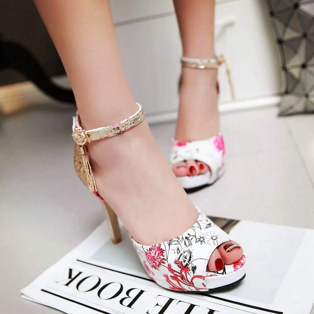 MIOKE Women's Floral Platform High Heel Sandals Open Toe Buckle T-Strap Pump Chunky Dress Heeled Sandal