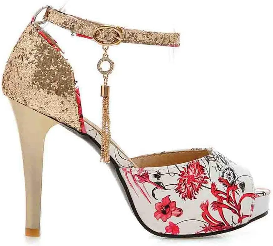 MIOKE Women's Floral Platform High Heel Sandals Open Toe Buckle T-Strap Pump Chunky Dress Heeled Sandal