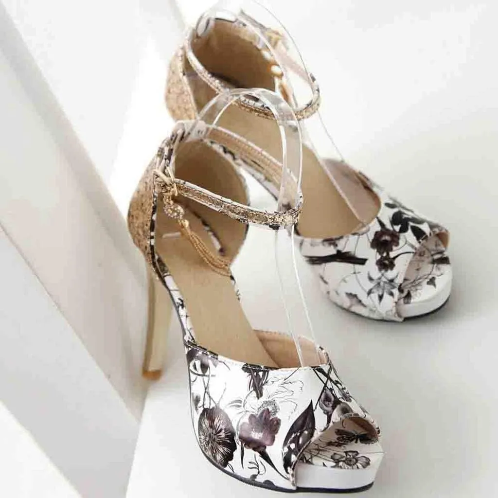 MIOKE Women's Floral Platform High Heel Sandals Open Toe Buckle T-Strap Pump Chunky Dress Heeled Sandal
