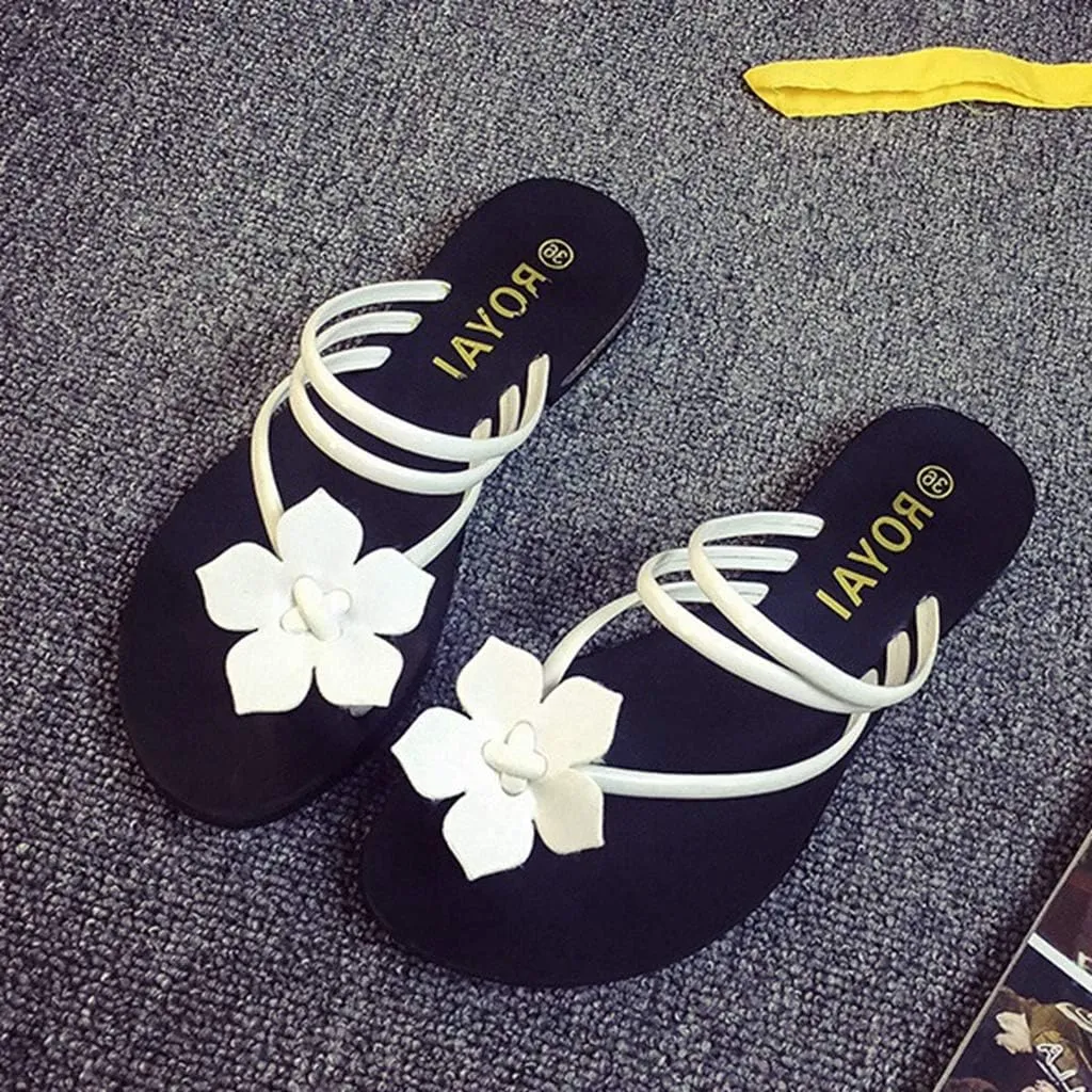MIOKE Women's Flower Toering Flat Flipflops Sandals Summer Slip On Comfort Strappy Beach Thong Slippers