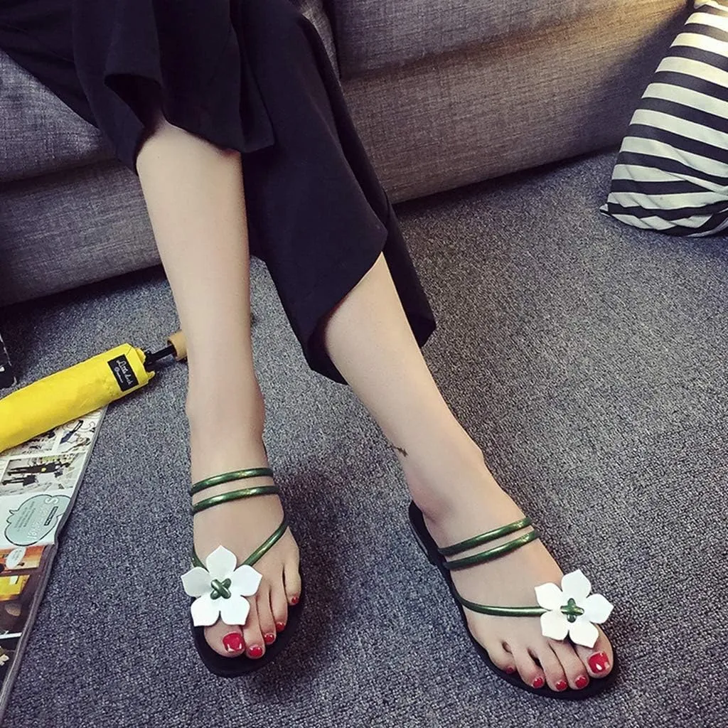 MIOKE Women's Flower Toering Flat Flipflops Sandals Summer Slip On Comfort Strappy Beach Thong Slippers