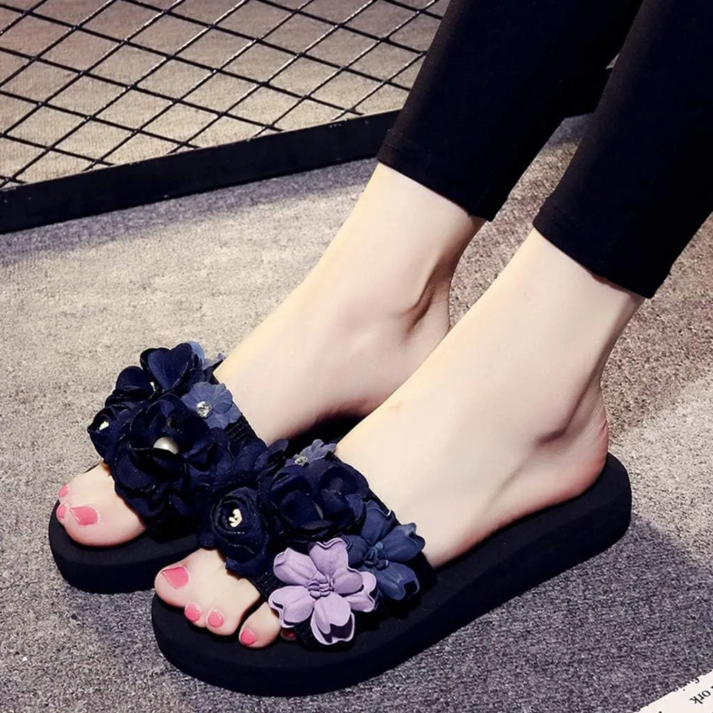MIOKE Women's Flowers Wedge Slide Sandals Bohemia Fashion Platform Anti-Slip Comfort Summer Beach Sandals