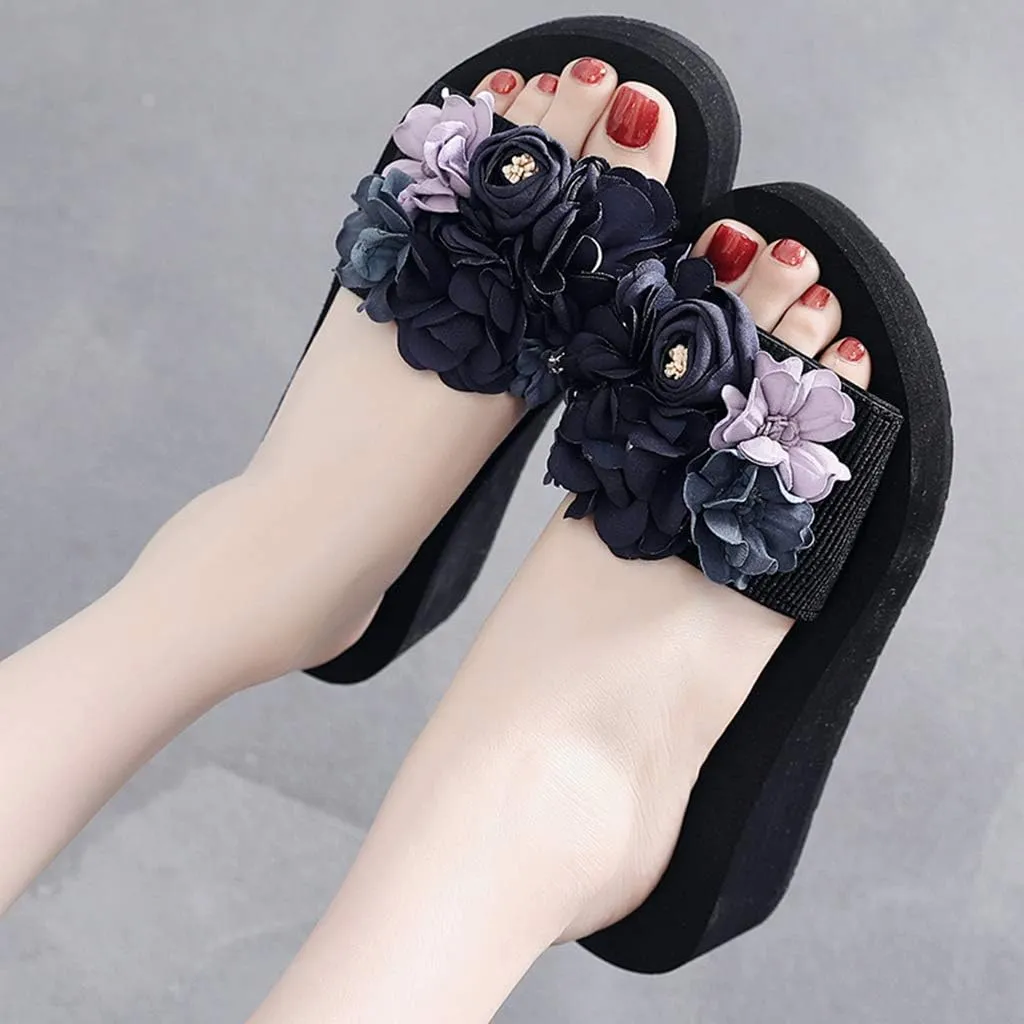 MIOKE Women's Flowers Wedge Slide Sandals Bohemia Fashion Platform Anti-Slip Comfort Summer Beach Sandals