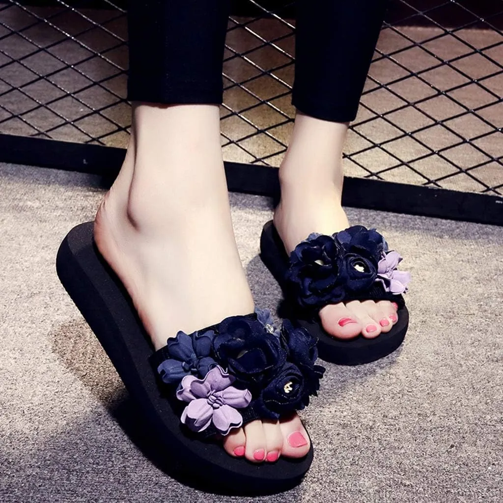 MIOKE Women's Flowers Wedge Slide Sandals Bohemia Fashion Platform Anti-Slip Comfort Summer Beach Sandals