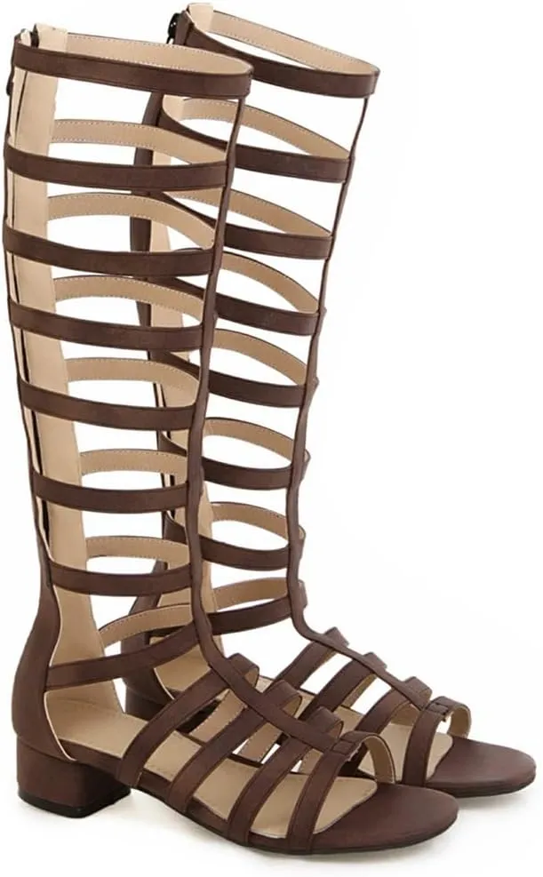 MIOKE Women's Gladiator Knee High Flat Sandals Buckle Strappy Studs Open Toe Zip Summer Wide Caged Boots
