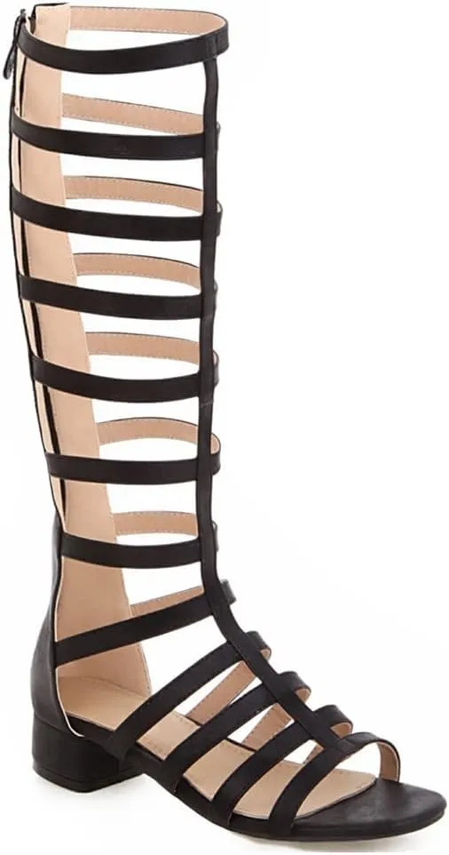 MIOKE Women's Gladiator Knee High Flat Sandals Buckle Strappy Studs Open Toe Zip Summer Wide Caged Boots