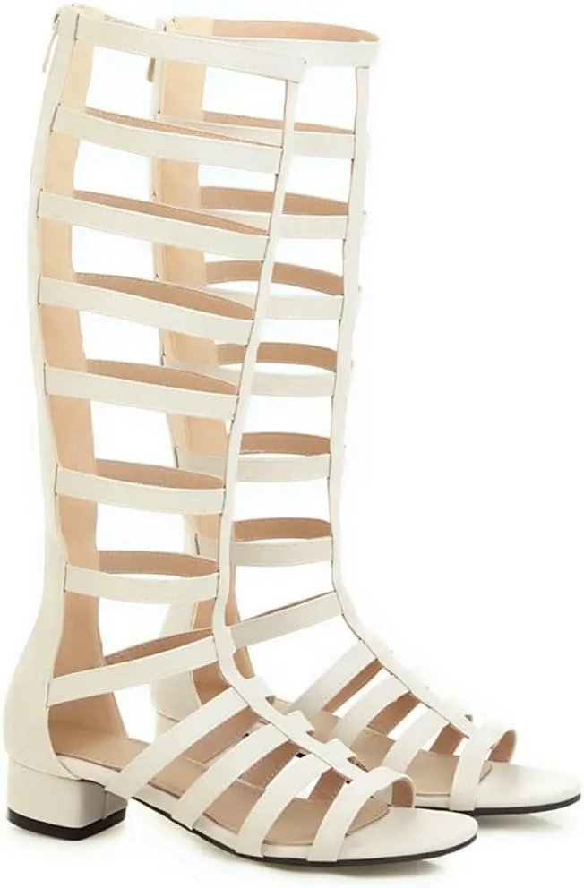 MIOKE Women's Gladiator Knee High Flat Sandals Buckle Strappy Studs Open Toe Zip Summer Wide Caged Boots