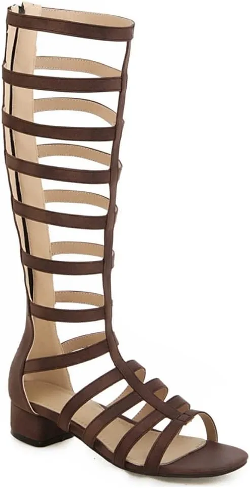 MIOKE Women's Gladiator Knee High Flat Sandals Buckle Strappy Studs Open Toe Zip Summer Wide Caged Boots