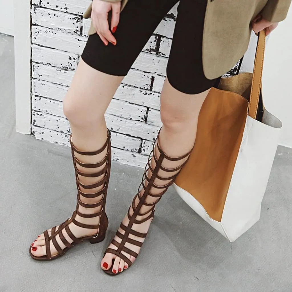 MIOKE Women's Gladiator Knee High Flat Sandals Buckle Strappy Studs Open Toe Zip Summer Wide Caged Boots