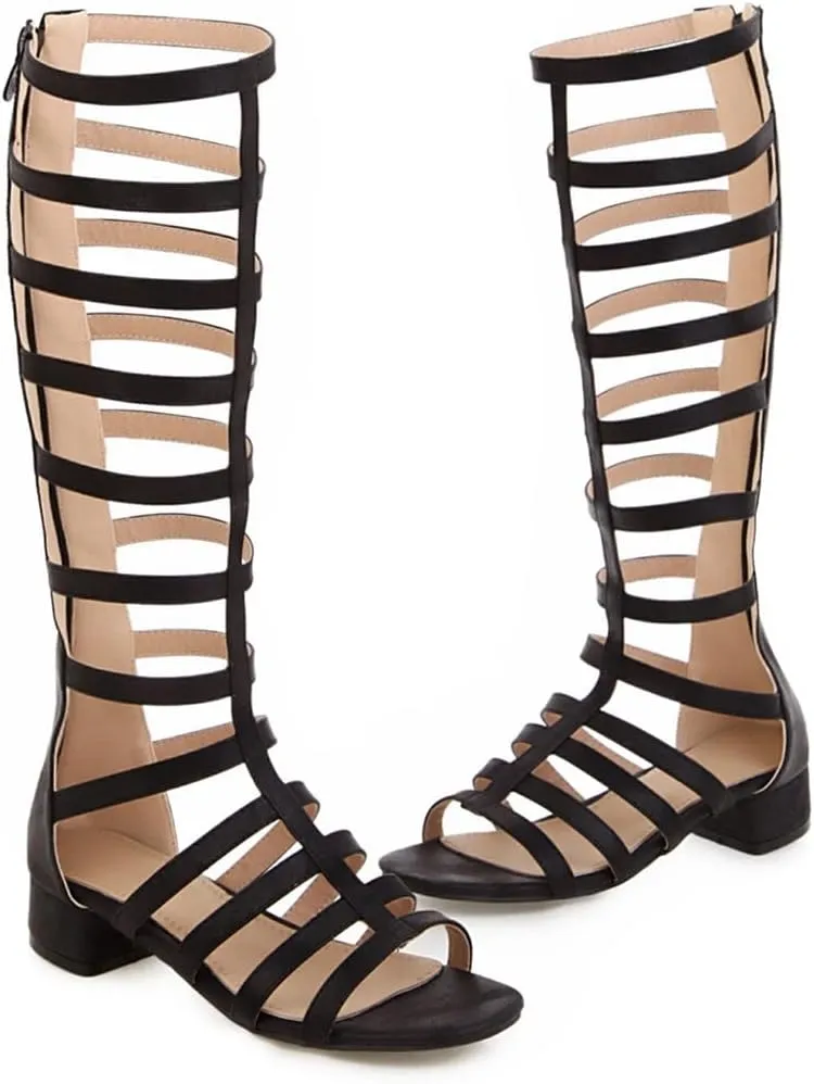 MIOKE Women's Gladiator Knee High Flat Sandals Buckle Strappy Studs Open Toe Zip Summer Wide Caged Boots
