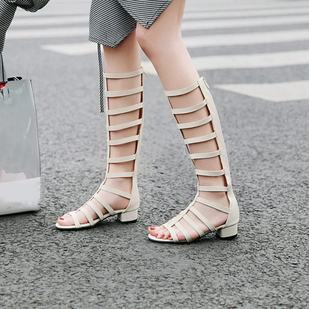 MIOKE Women's Gladiator Knee High Flat Sandals Buckle Strappy Studs Open Toe Zip Summer Wide Caged Boots