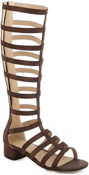 MIOKE Women's Gladiator Knee High Flat Sandals Buckle Strappy Studs Open Toe Zip Summer Wide Caged Boots