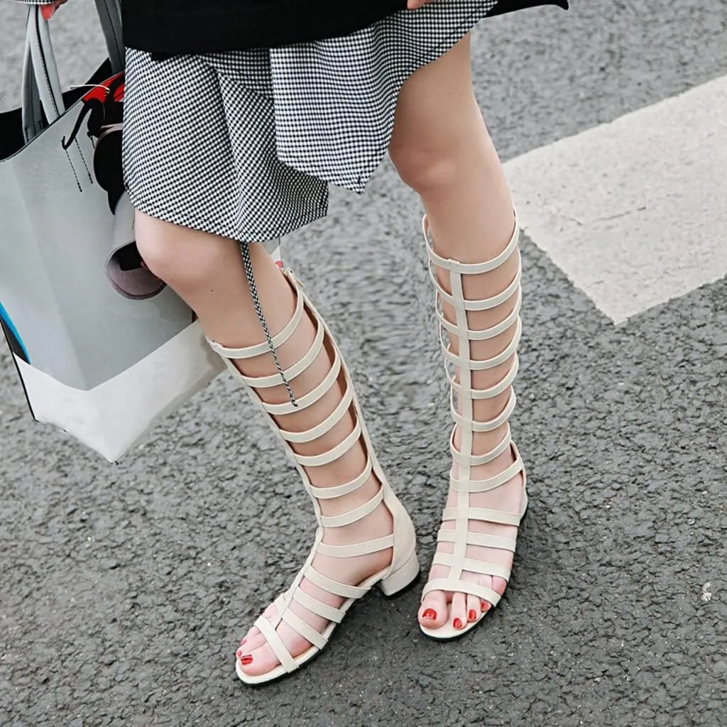 MIOKE Women's Gladiator Knee High Flat Sandals Buckle Strappy Studs Open Toe Zip Summer Wide Caged Boots