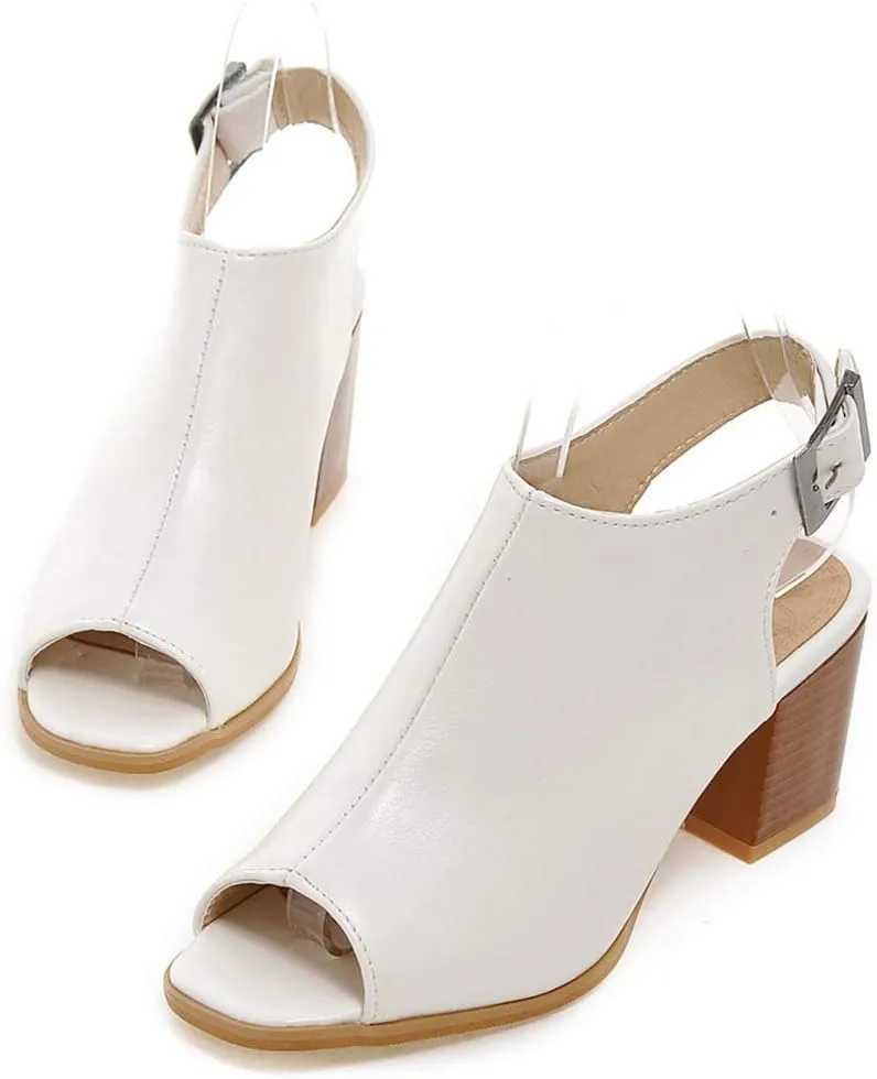 MIOKE Women's Peep Toe Block Mid Heel Sandals Cutout Buckle Slingback Chunky Heeled Dress Pumps Sandal