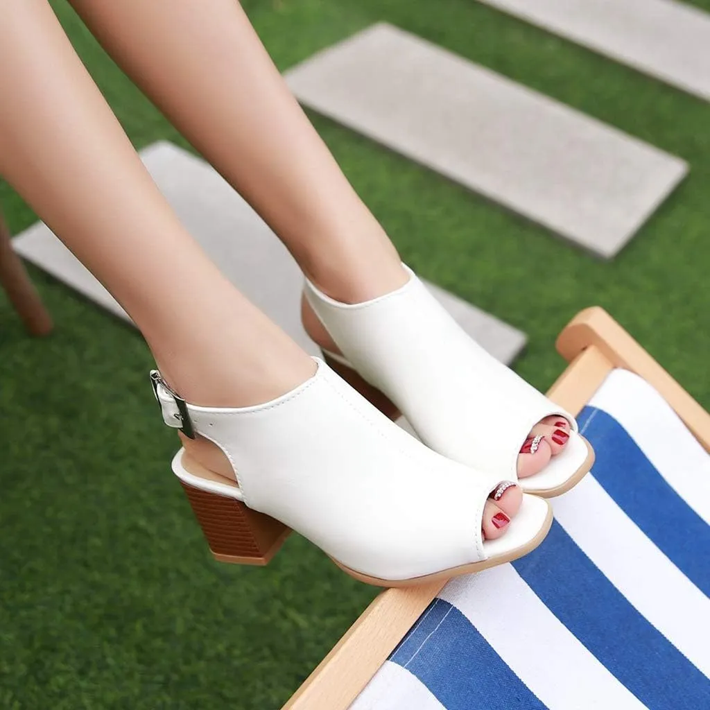 MIOKE Women's Peep Toe Block Mid Heel Sandals Cutout Buckle Slingback Chunky Heeled Dress Pumps Sandal