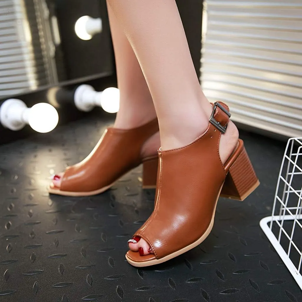 MIOKE Women's Peep Toe Block Mid Heel Sandals Cutout Buckle Slingback Chunky Heeled Dress Pumps Sandal