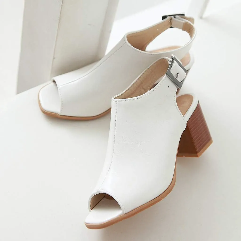 MIOKE Women's Peep Toe Block Mid Heel Sandals Cutout Buckle Slingback Chunky Heeled Dress Pumps Sandal