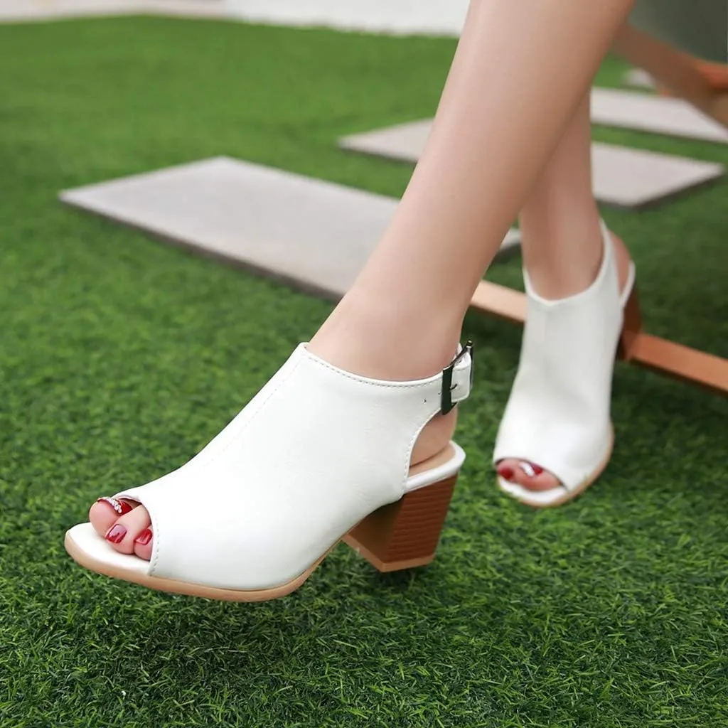 MIOKE Women's Peep Toe Block Mid Heel Sandals Cutout Buckle Slingback Chunky Heeled Dress Pumps Sandal