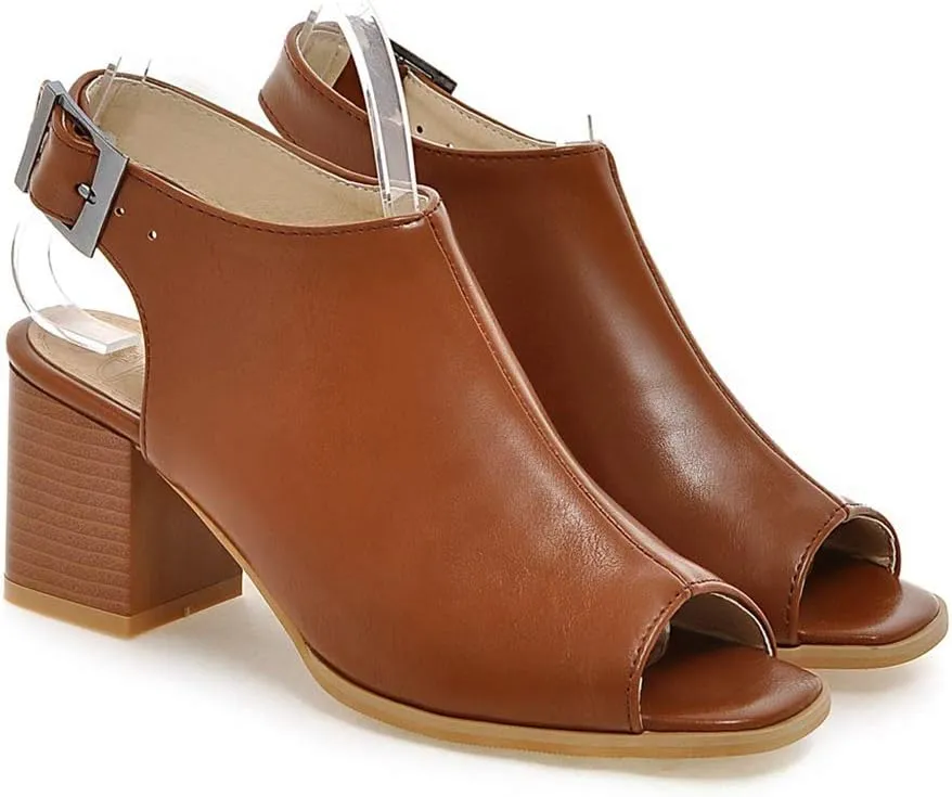 MIOKE Women's Peep Toe Block Mid Heel Sandals Cutout Buckle Slingback Chunky Heeled Dress Pumps Sandal