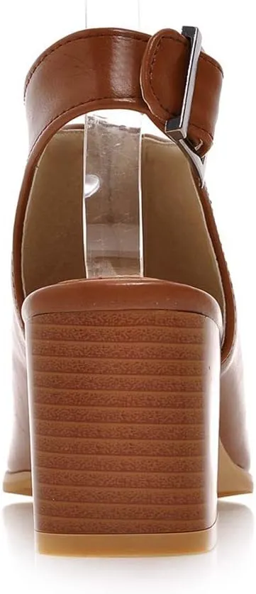 MIOKE Women's Peep Toe Block Mid Heel Sandals Cutout Buckle Slingback Chunky Heeled Dress Pumps Sandal