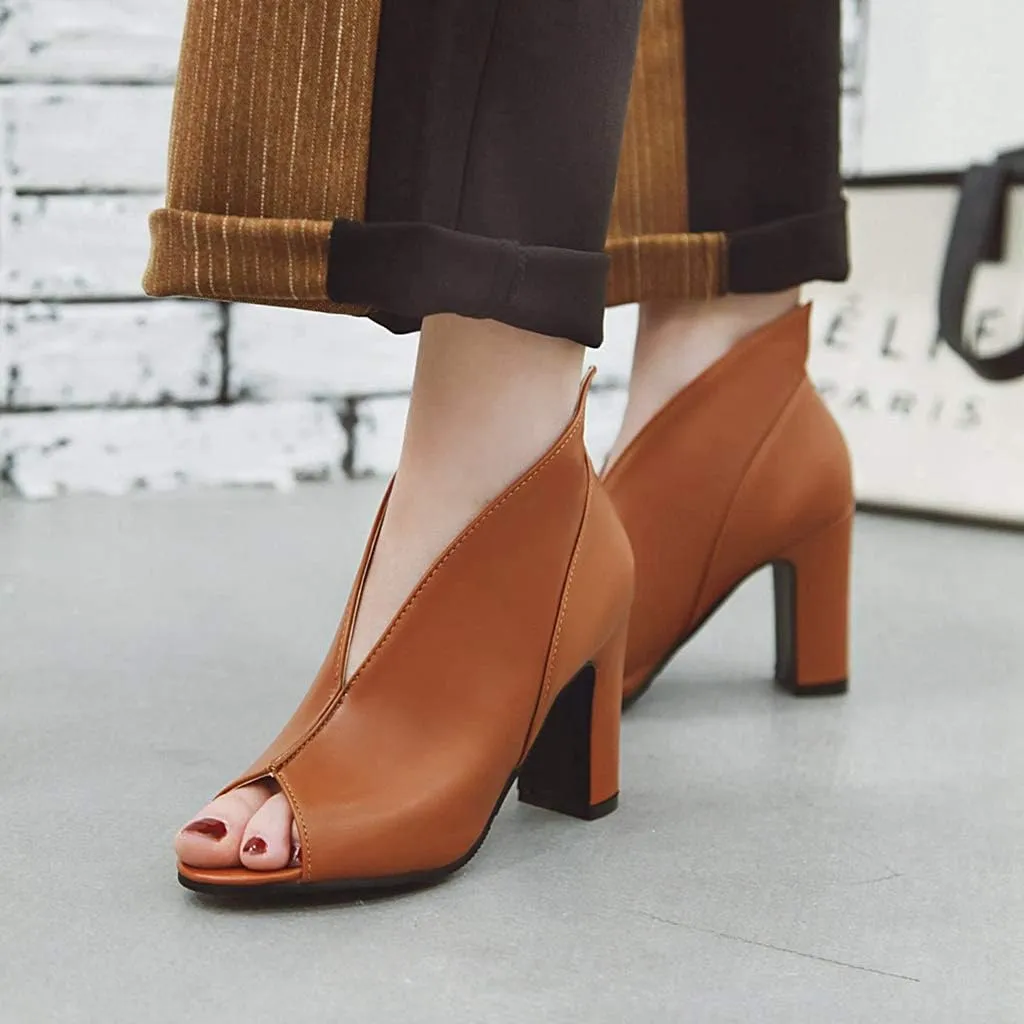 MIOKE Women's Peep Toe Chunky Block High Heel Sandals Fashion Slip On Dress Heeled Pump Booties Shoes