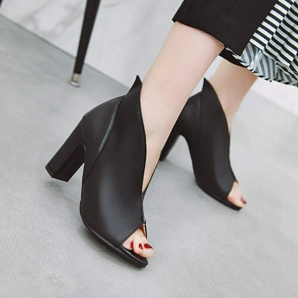 MIOKE Women's Peep Toe Chunky Block High Heel Sandals Fashion Slip On Dress Heeled Pump Booties Shoes