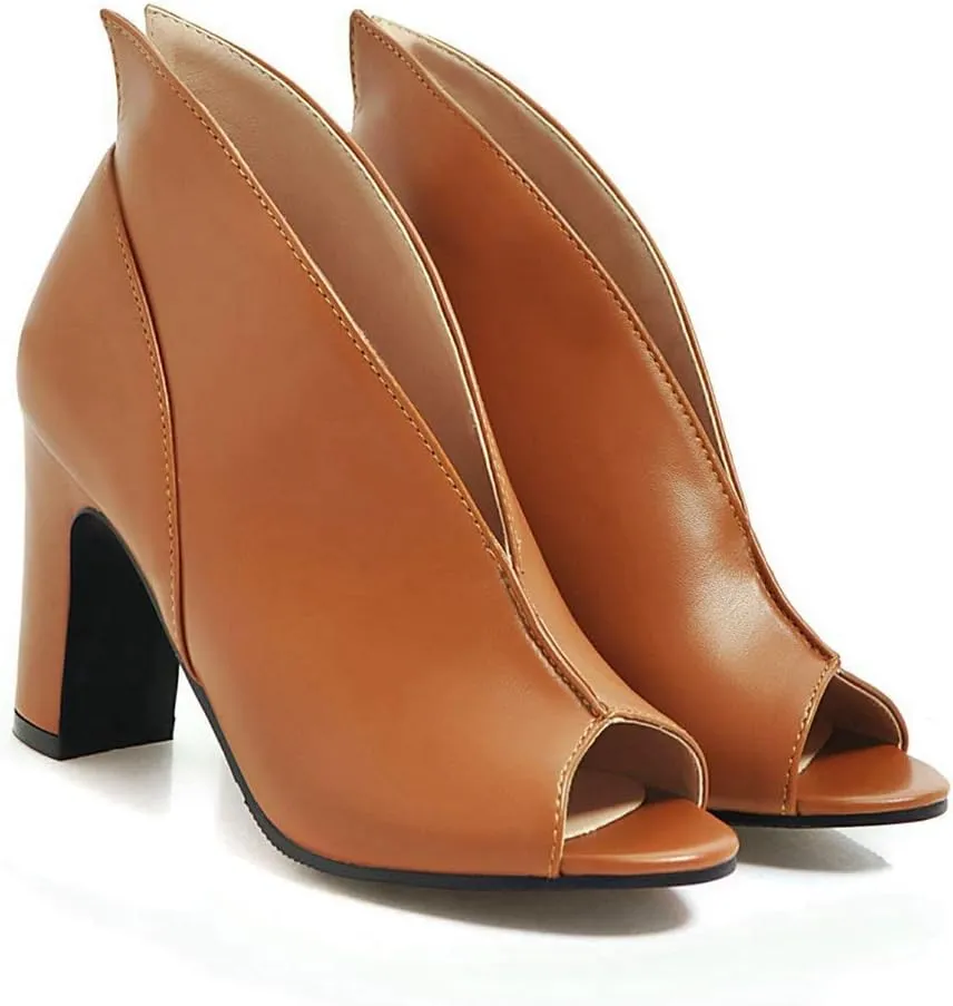 MIOKE Women's Peep Toe Chunky Block High Heel Sandals Fashion Slip On Dress Heeled Pump Booties Shoes