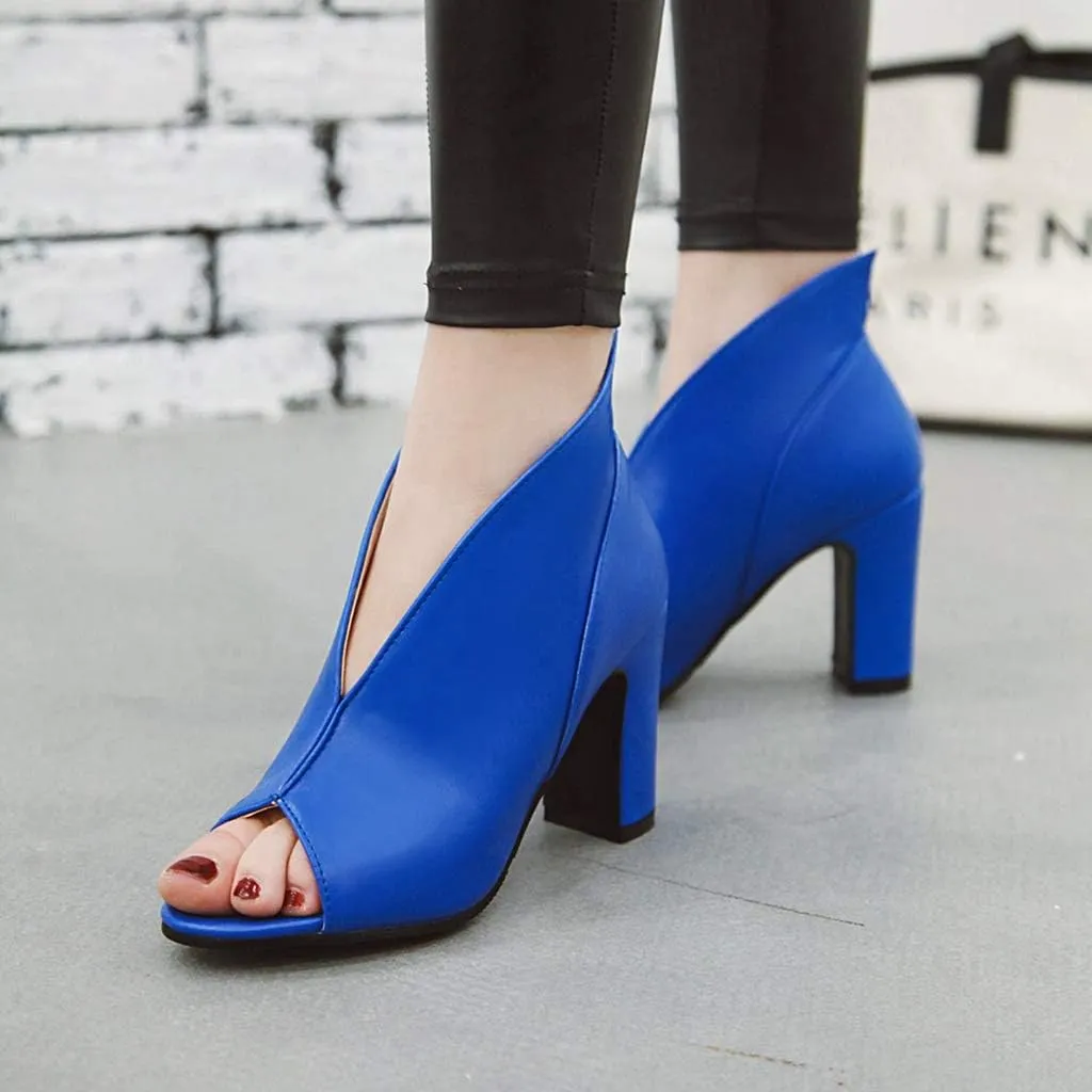 MIOKE Women's Peep Toe Chunky Block High Heel Sandals Fashion Slip On Dress Heeled Pump Booties Shoes