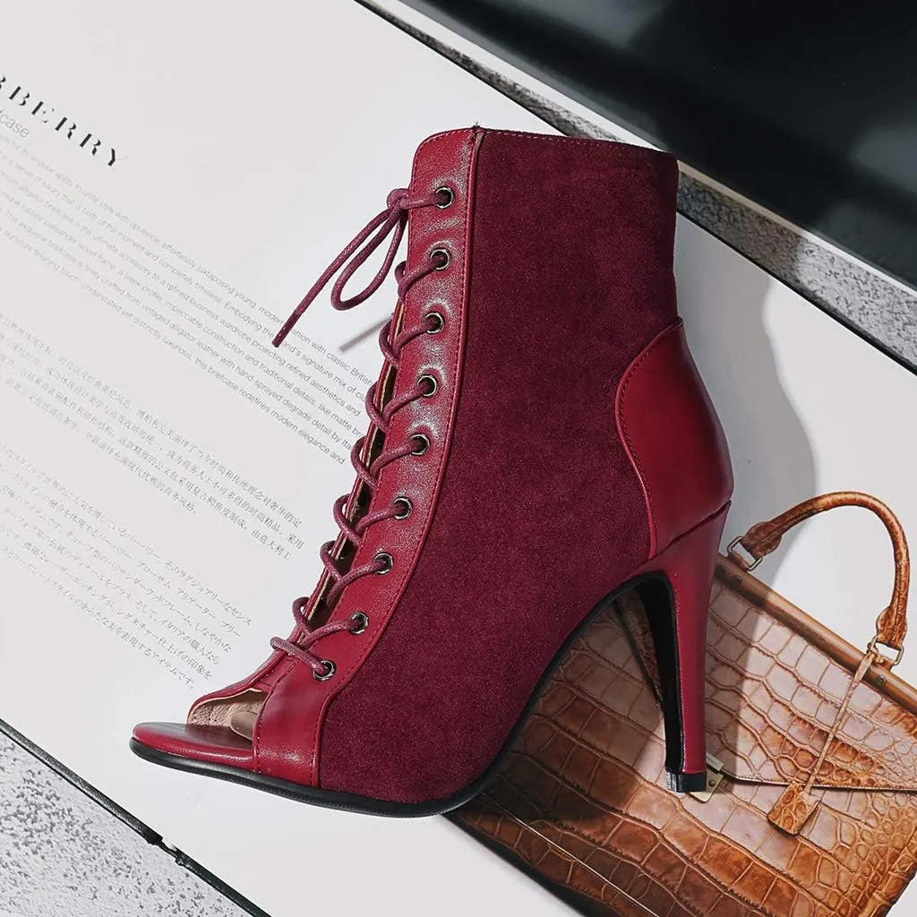 MIOKE Women's Peep Toe Dance Stilettos High Heels Sandals Fashion Sexy Lace Up Ladies Dress Pumps Ankle Booties