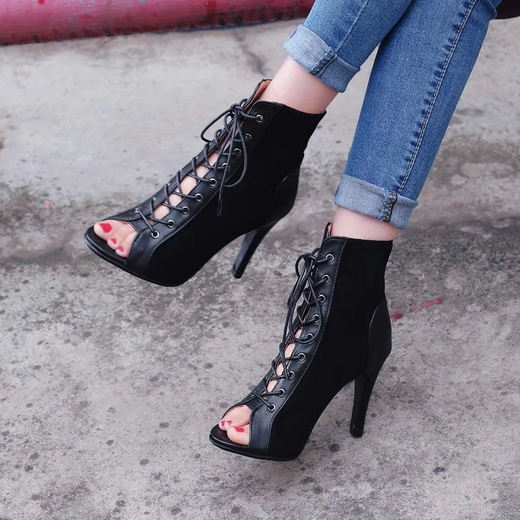 MIOKE Women's Peep Toe Dance Stilettos High Heels Sandals Fashion Sexy Lace Up Ladies Dress Pumps Ankle Booties