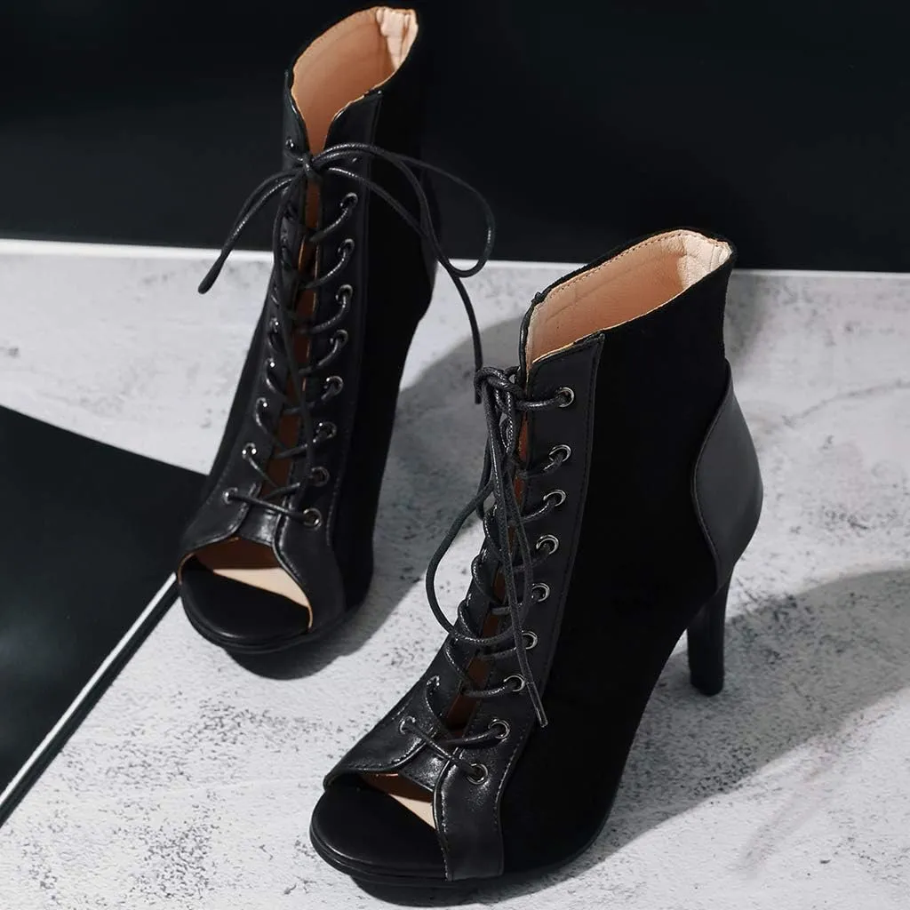 MIOKE Women's Peep Toe Dance Stilettos High Heels Sandals Fashion Sexy Lace Up Ladies Dress Pumps Ankle Booties